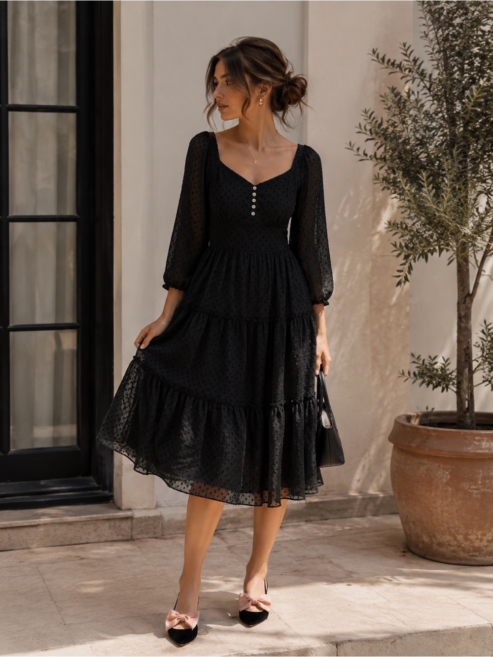 J.Crew Swiss Dot Tiered Midi Dress Black Size 4P